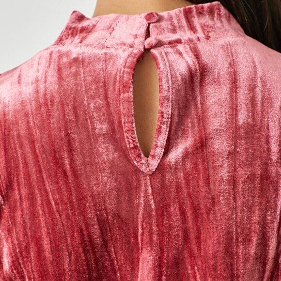 MYSTREE Velvet Mock Neck Short Sleeve Top, Dusty Rose Red, Soft Luxe Stretch - Picture 7 of 7